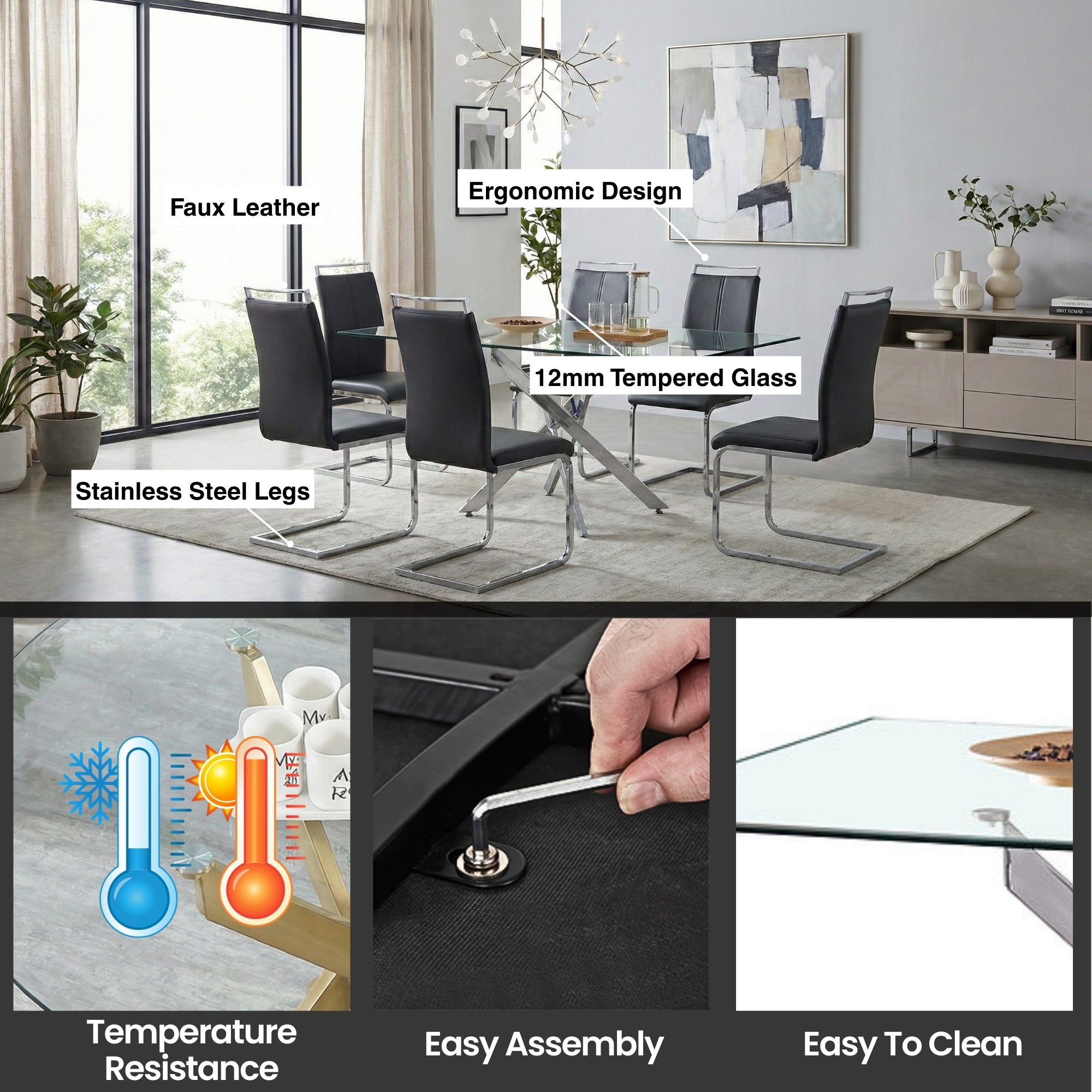 Modern Sword 7-Piece Glass Dining Set – 12mm Tempered Glass Table with Faux Leather Chairs