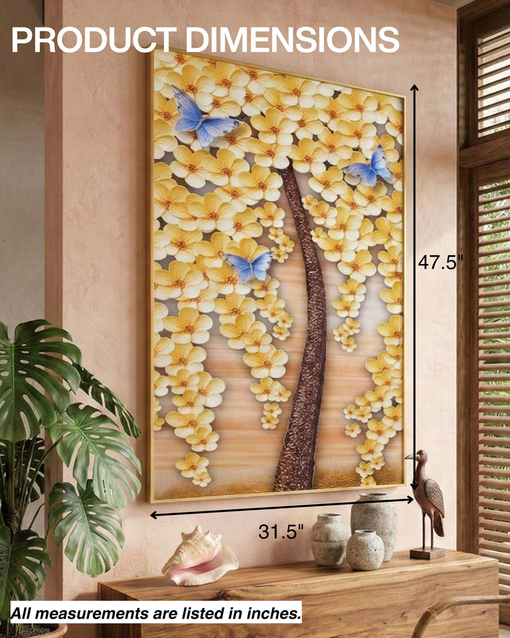 Tableau représentant un arbre aux fleurs jaunes, avec cadre en métal 