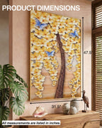 Tableau représentant un arbre aux fleurs jaunes, avec cadre en métal 