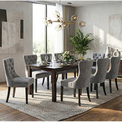 Modern Dining Set – Espresso Solid Wood Table with Tufted Nailhead Chairs
