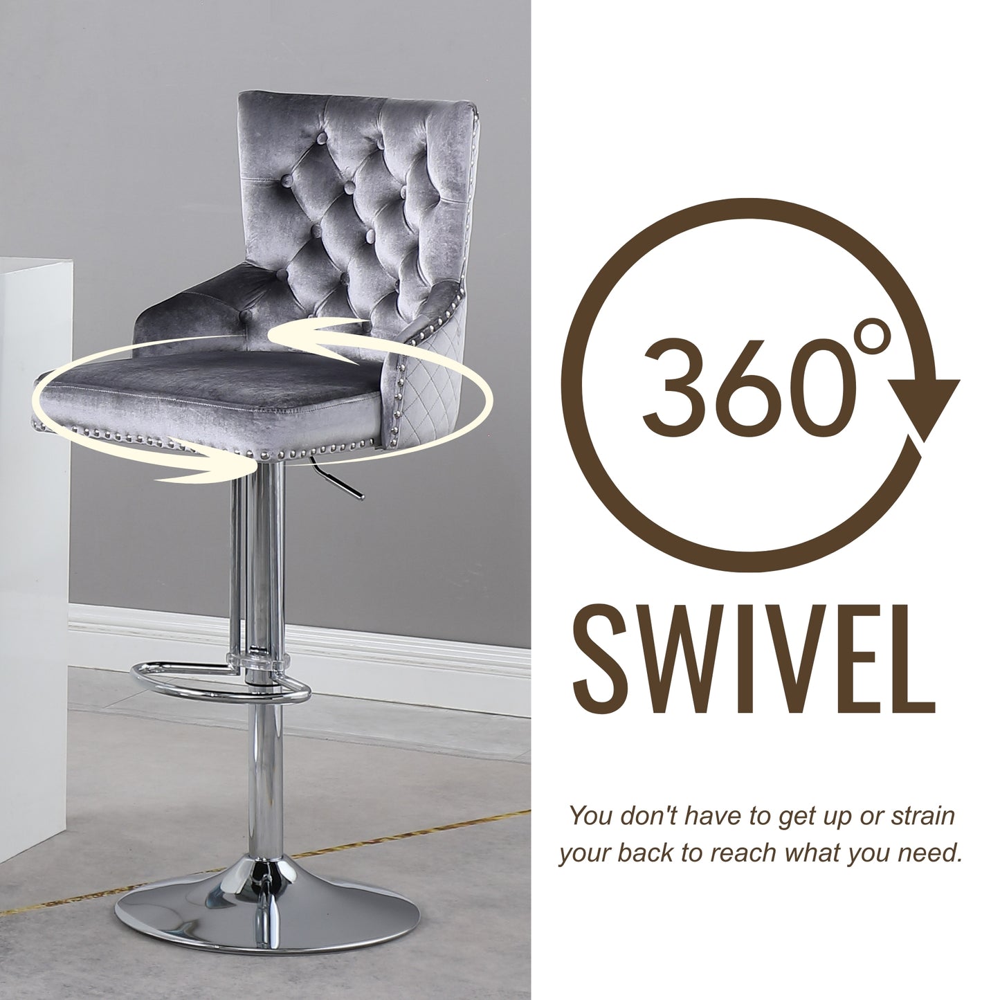 Leo Black Bar Stool Set of 2 – Premium Tufted Velvet, 360° Swivel, Height Adjustable Bar Stools