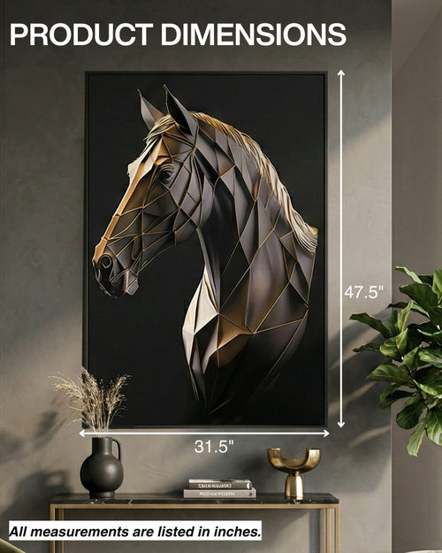 3D horse wall art with metal frame showing 31.5 inch width and 47.5 inch height
