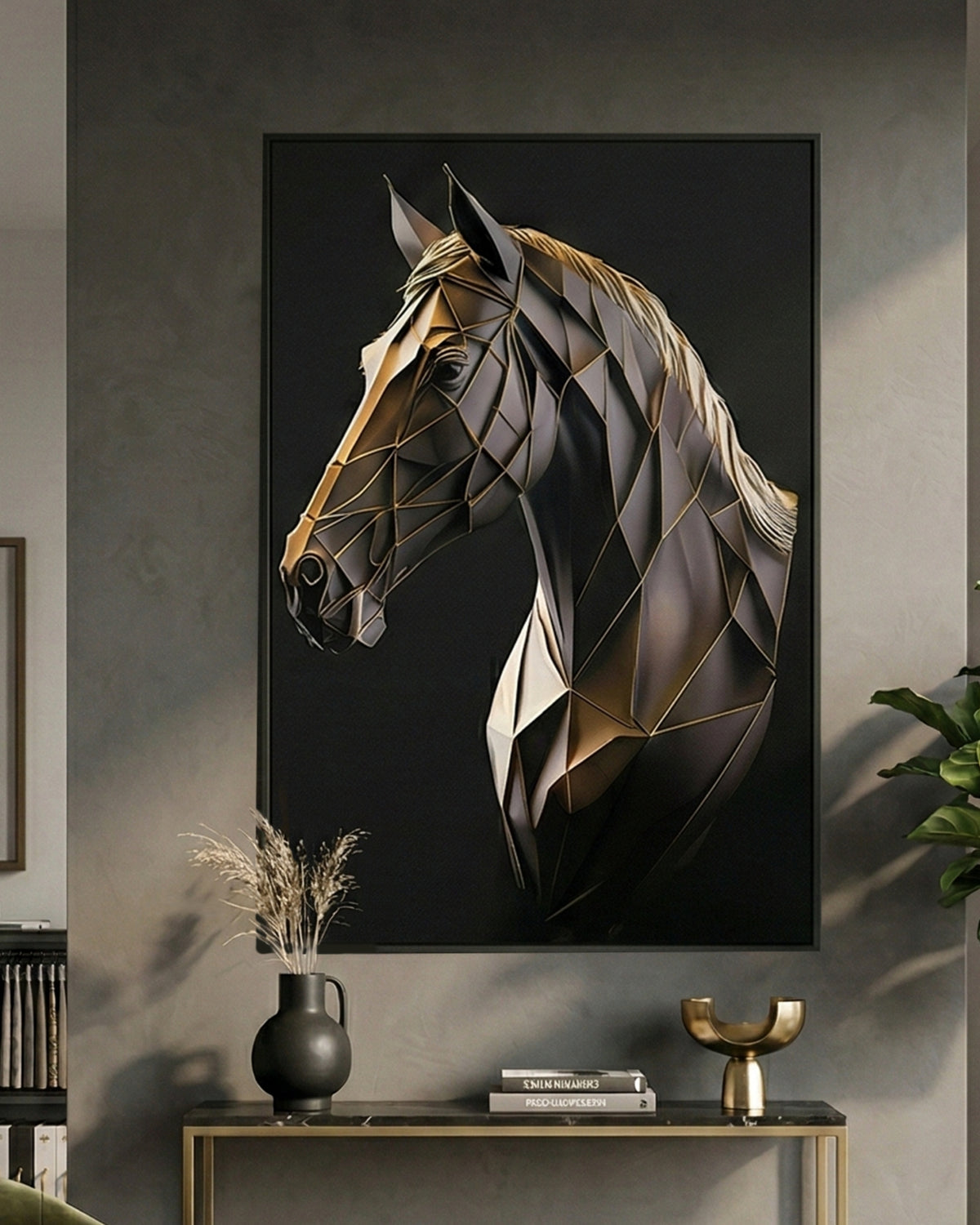 3D geometric horse wall art with black metal frame