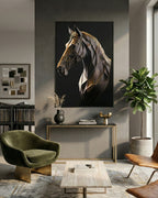 3D horse wall art with metal frame displayed in a modern living room