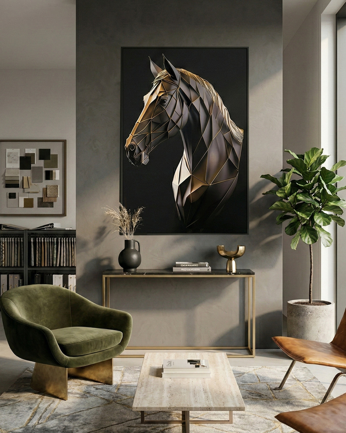 3D horse wall art with metal frame displayed in a modern living room
