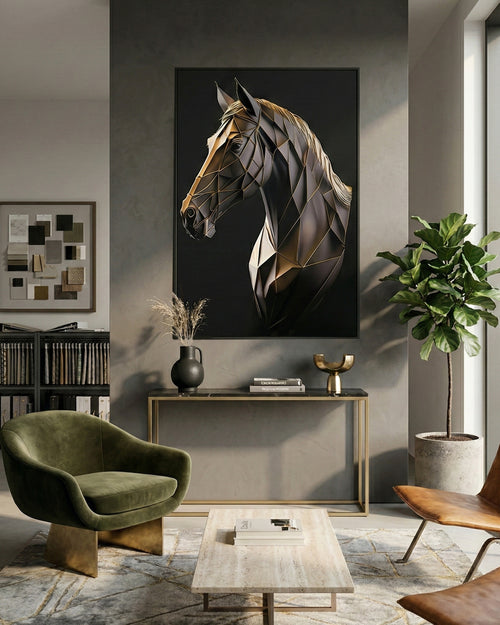 3D horse wall art with metal frame displayed in a modern living room