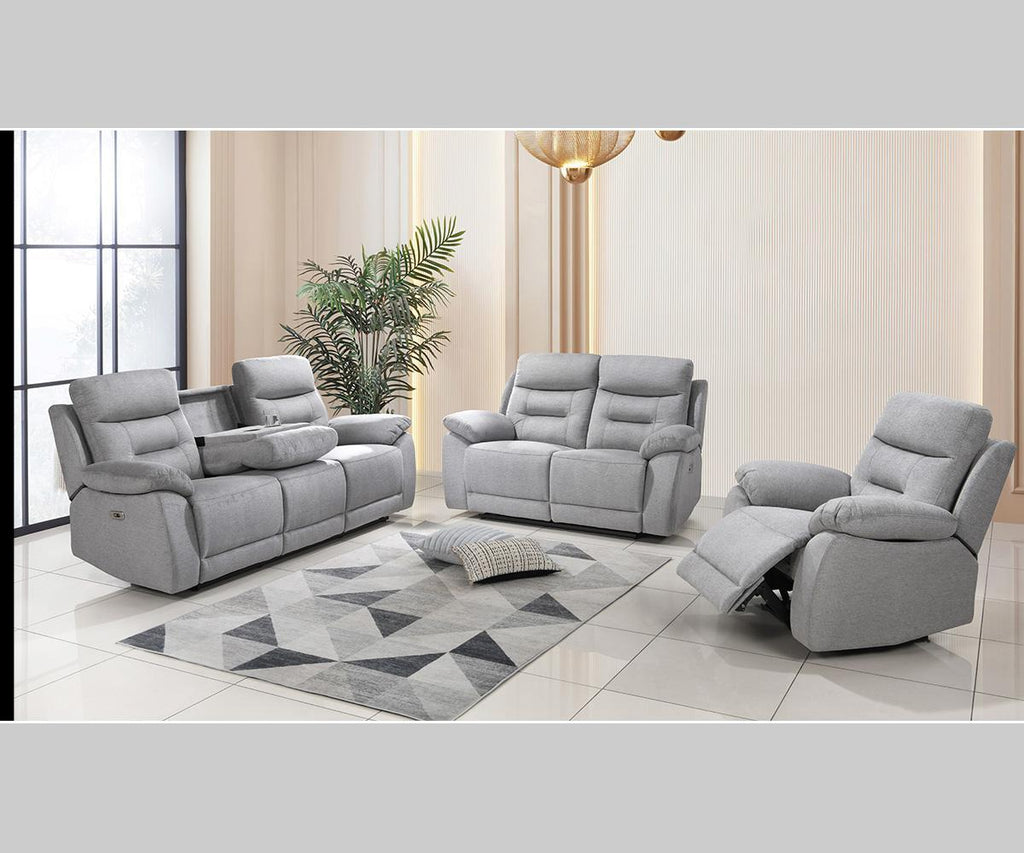 Calypso Power Recliner fabric sofa set in grey finish