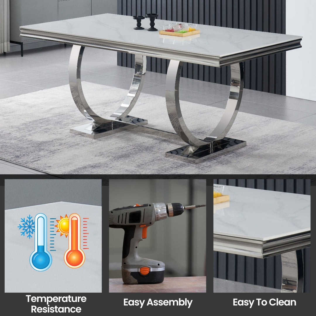 Salsa Dining Table Sintered Stone  Dining Table 71” Stainless Steel Base, Scratch & Heat Resistant