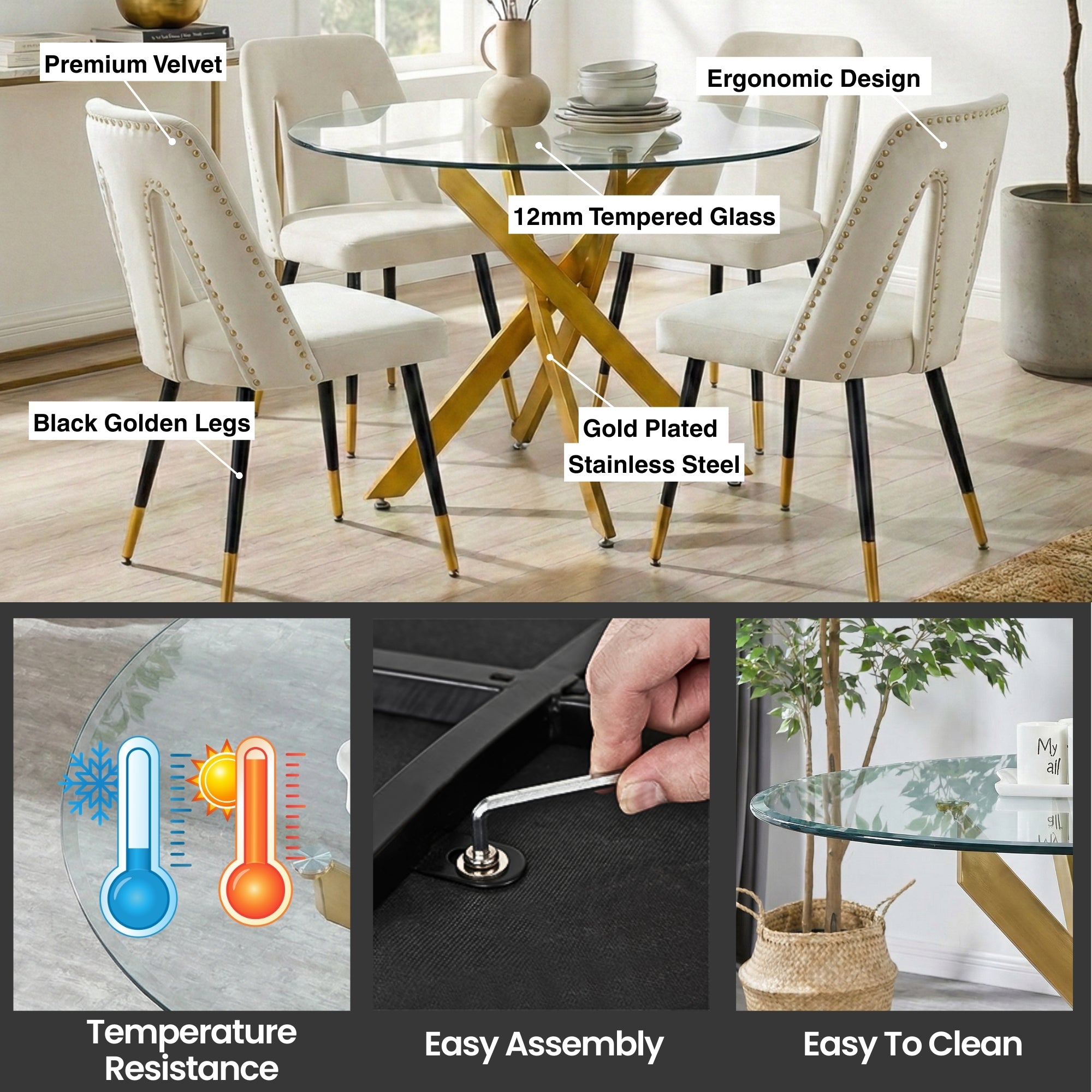 Modern 5-Piece Round Glass Dining Set – 12mm Tempered Glass Table with Velvet Nailhead Chairs
