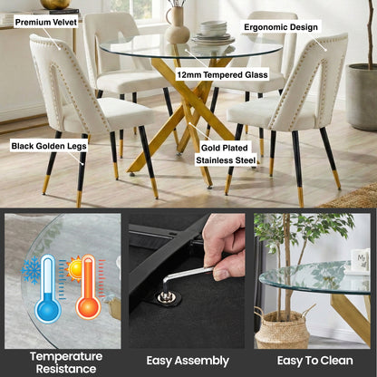 Modern 5-Piece Round Glass Dining Set – 12mm Tempered Glass Table with Velvet Nailhead Chairs