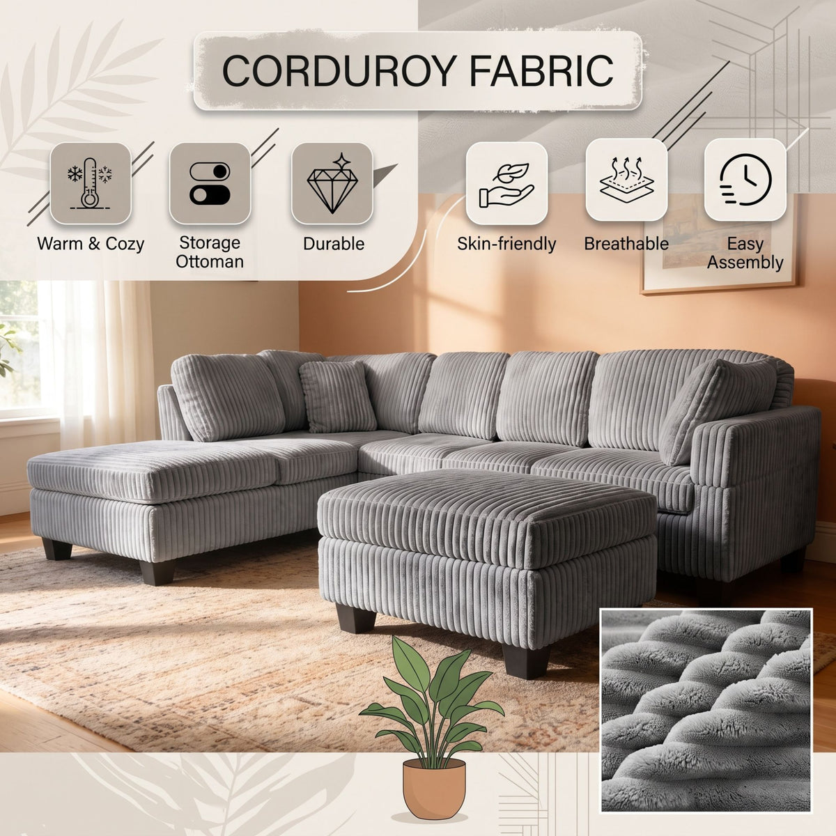EVA GREY CORDUROY SOFA SECTIONAL WITH OTTOMAN