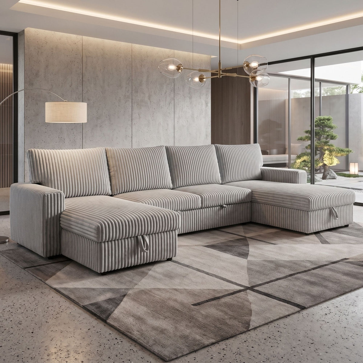 GREY CORDUROY SOFA WITH CUPHOLDERS AND CHAISE STORAGE