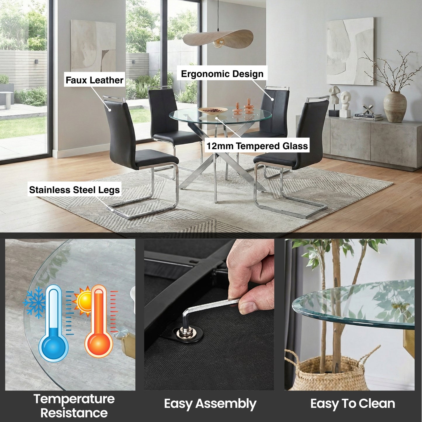 Modern Sword 5-Piece Round Glass Dining Set – 12mm Tempered Glass Table with Faux Leather Chairs