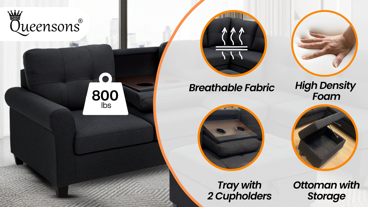 Kiva Sofa Sectional with Cupholders and Ottoman With Storage