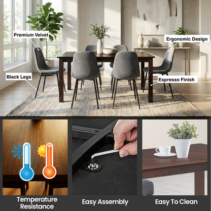 UNIVERSAL ESPRESSO WOOD DINING TABLE WITH GREY BLACK PREMIUM VELEVET CHAIRS