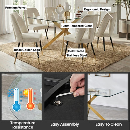 Modern 7-Piece Rectangular Glass Dining Set – 12mm Tempered Glass Table with Velvet Nailhead Chairs