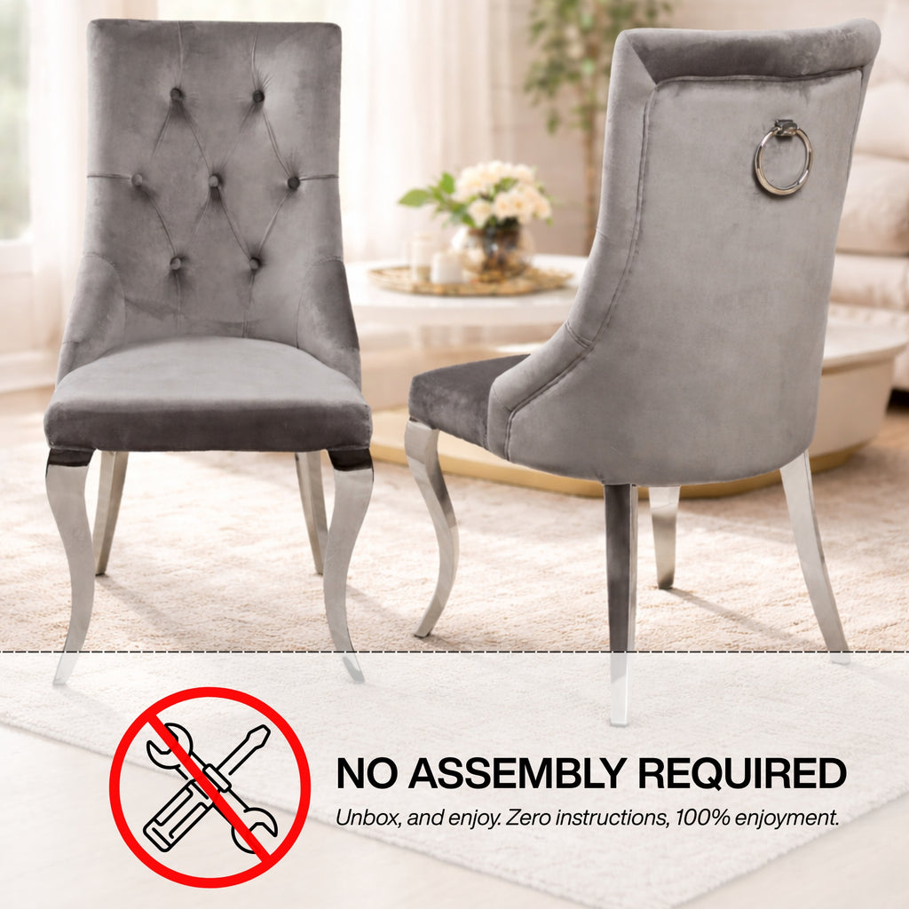 Lily Grey Velvet Dining Chair with Chrome Ring Knocker Set of 2