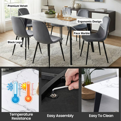 Modern 7-Piece White Faux Marble Dining Set – 63” Table with Grey Velvet Chairs