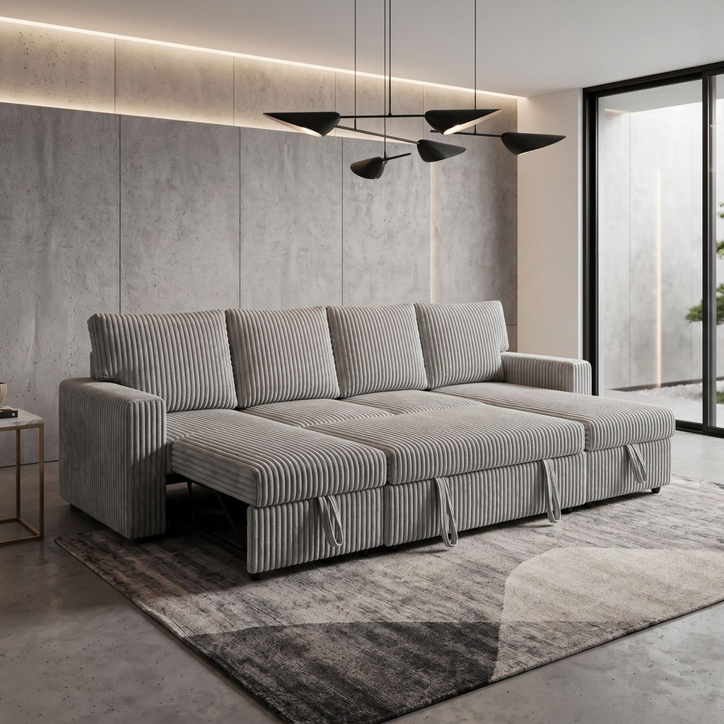 GREY CORDUROY SOFA WITH CUPHOLDERS AND CHAISE STORAGE