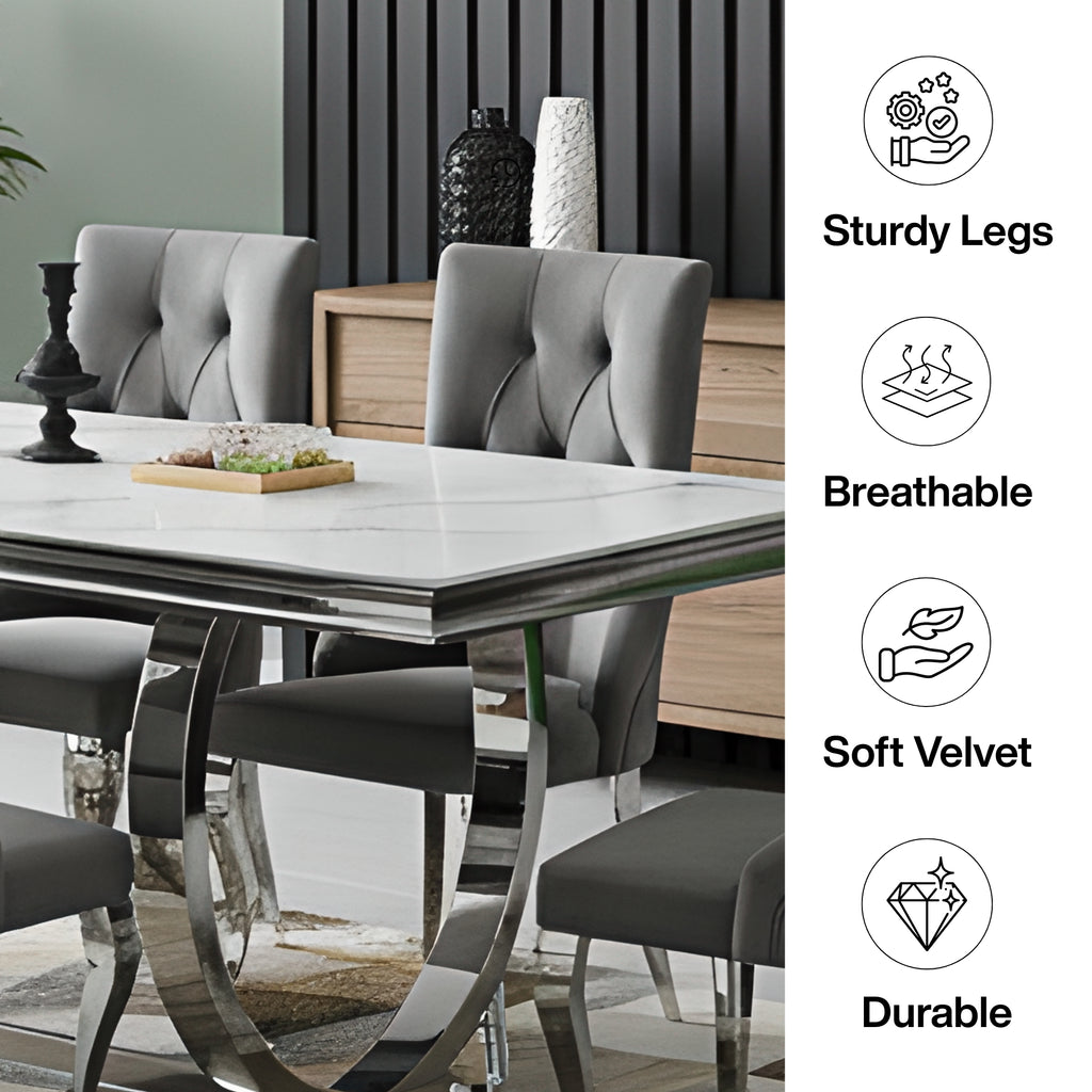 Lily Grey Velvet Dining Chair with Chrome Ring Knocker Set of 2