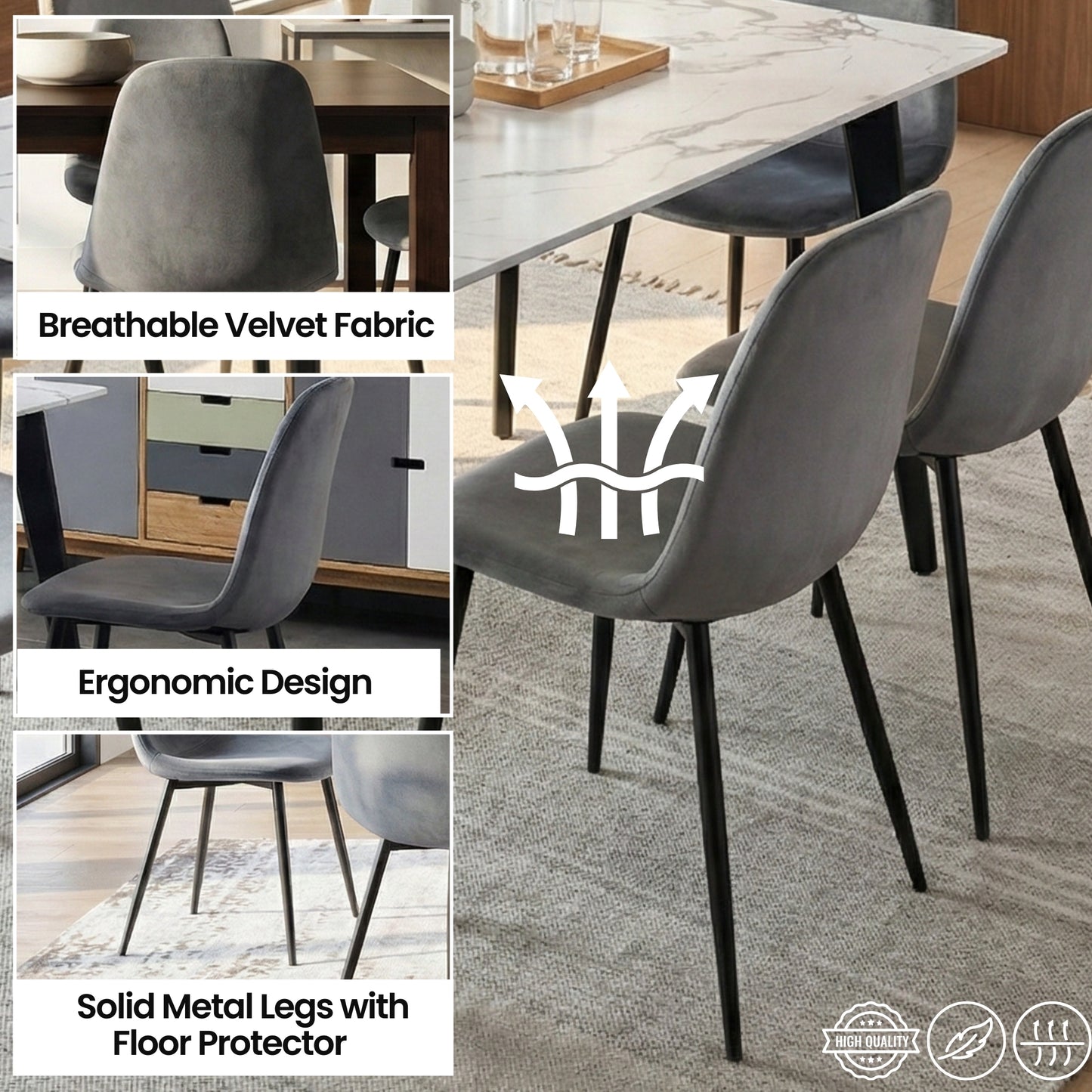 Modern 7-Piece White Faux Marble Dining Set – 63” Table with Grey Velvet Chairs