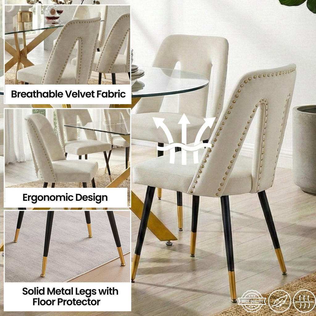 Modern 5-Piece Round Glass Dining Set – 12mm Tempered Glass Table with Velvet Nailhead Chairs