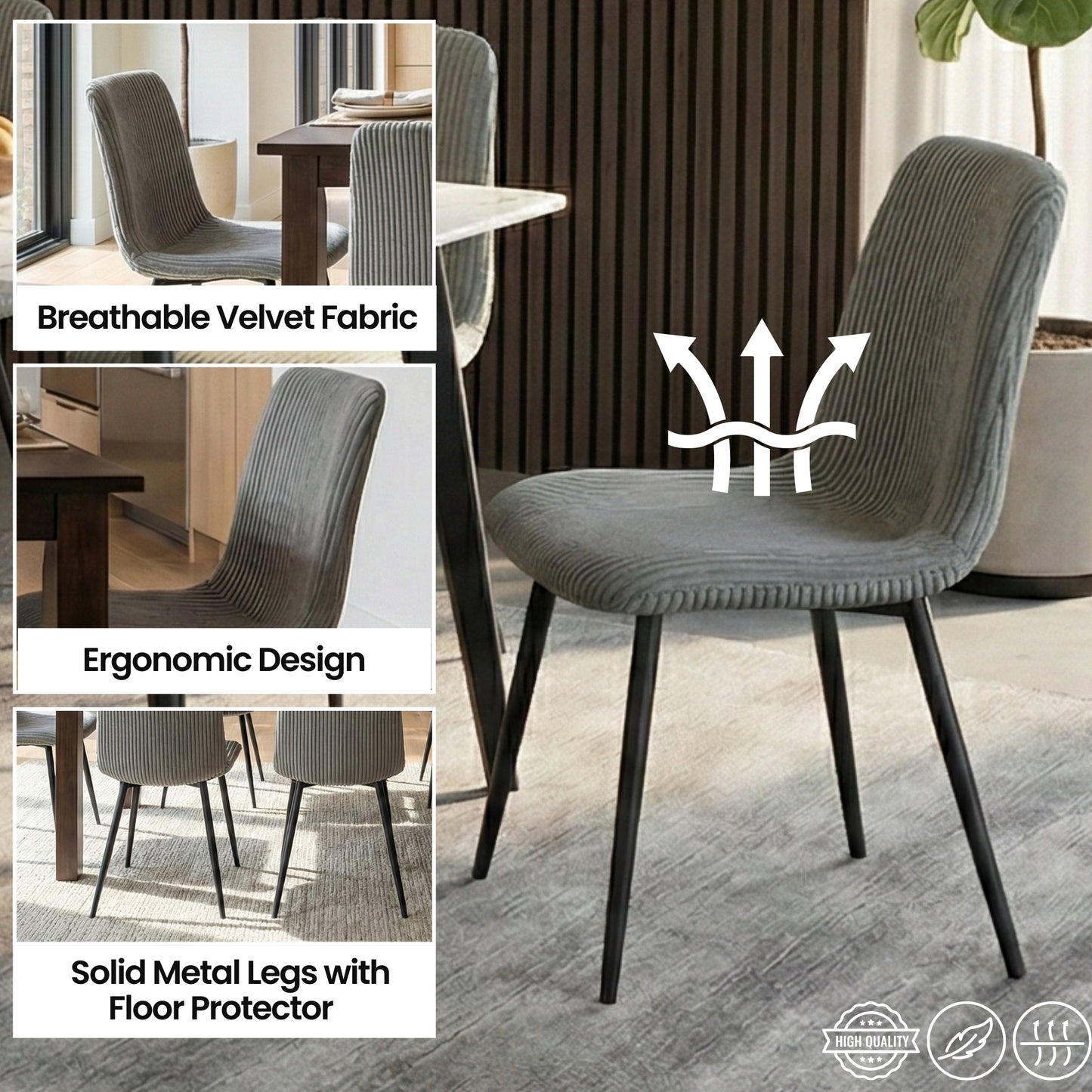 Modern 7-Piece White Faux Marble Dining Set – 63” Table with Corduroy Chairs
