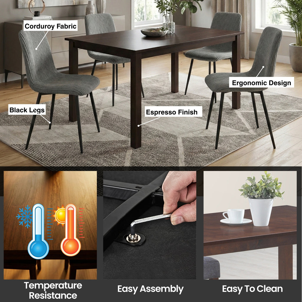 UNIVERSAL ESPRESSO WOOD DINING TABLE WITH CORDUROY CHAIRS