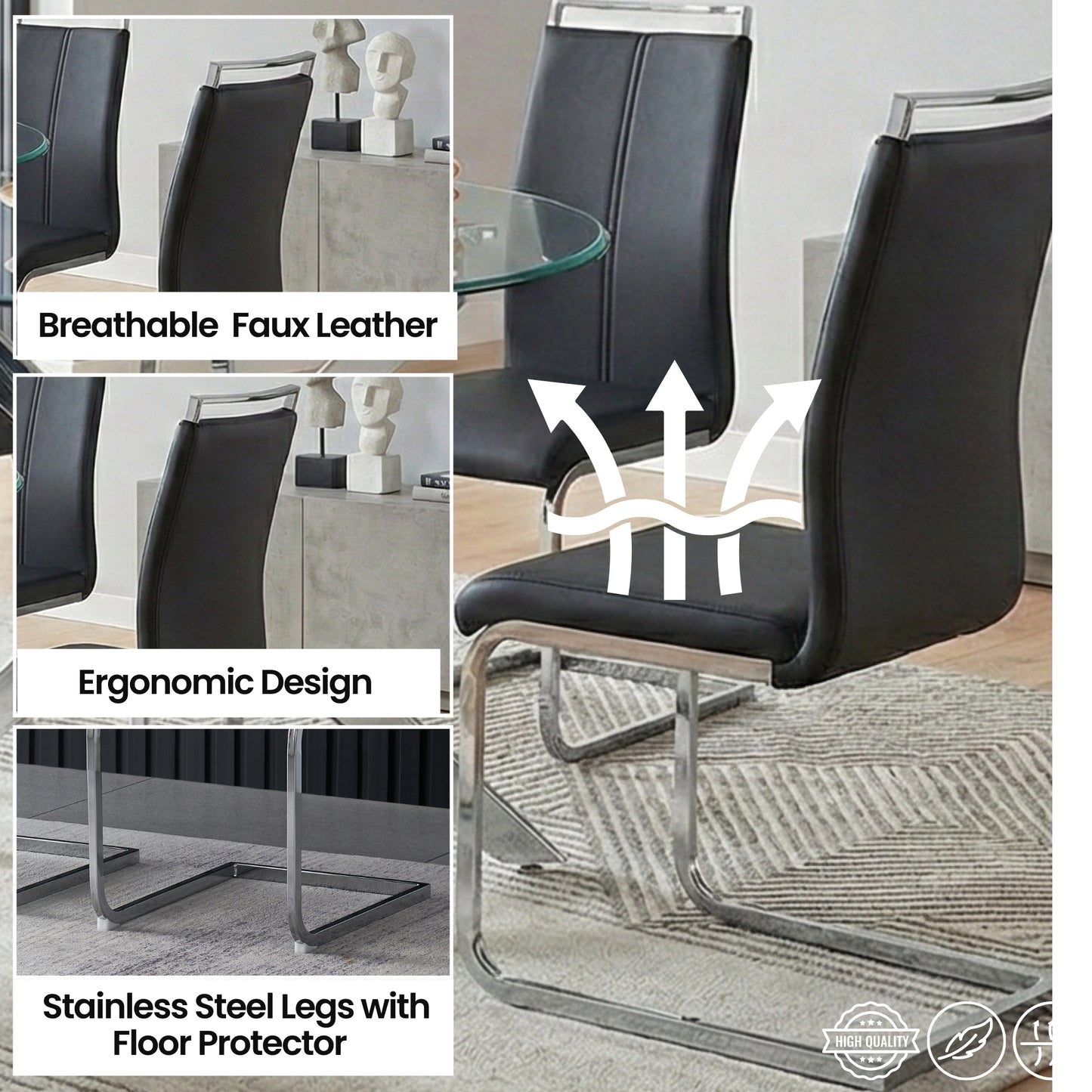 Modern Sword 5-Piece Round Glass Dining Set – 12mm Tempered Glass Table with Faux Leather Chairs