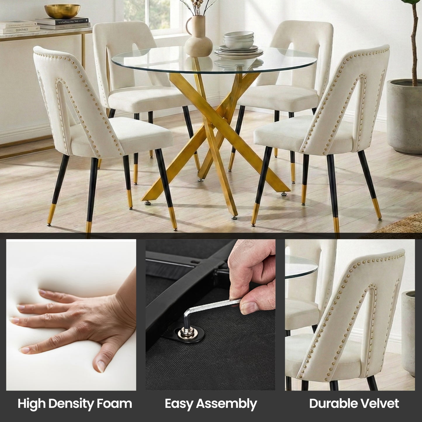 Modern 5-Piece Round Glass Dining Set – 12mm Tempered Glass Table with Velvet Nailhead Chairs