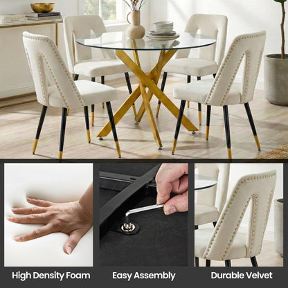 Modern 5-Piece Round Glass Dining Set – 12mm Tempered Glass Table with Velvet Nailhead Chairs