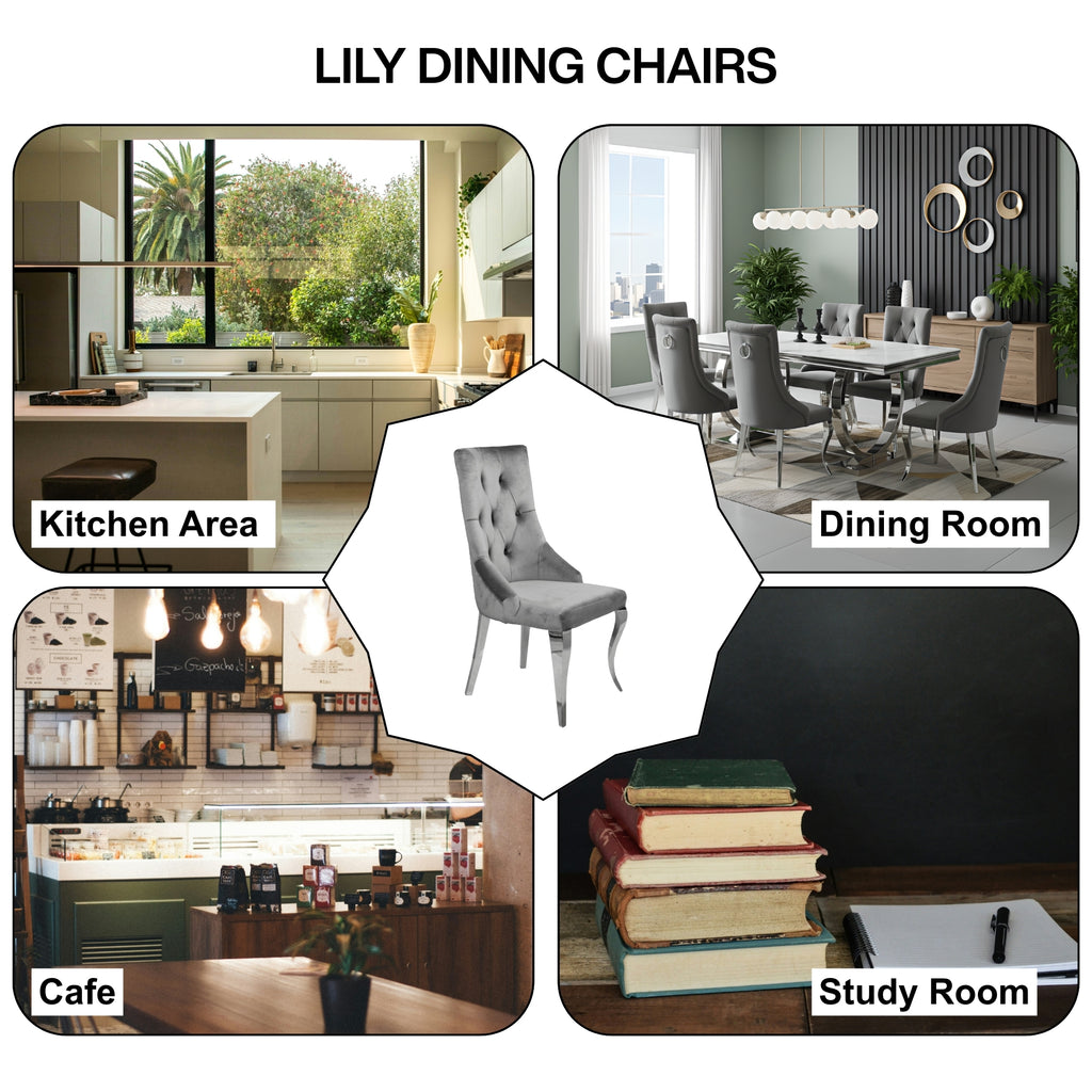 Lily Grey Velvet Dining Chair with Chrome Ring Knocker Set of 2