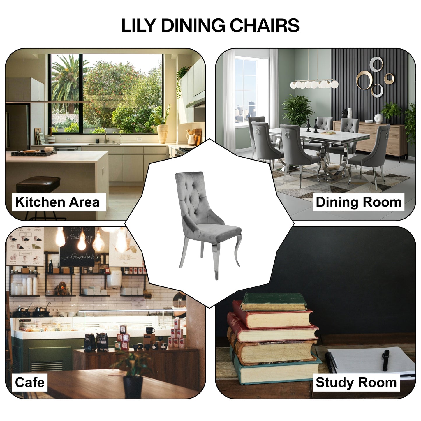 Lily Grey Velvet Dining Chair with Chrome Ring Knocker Set of 2