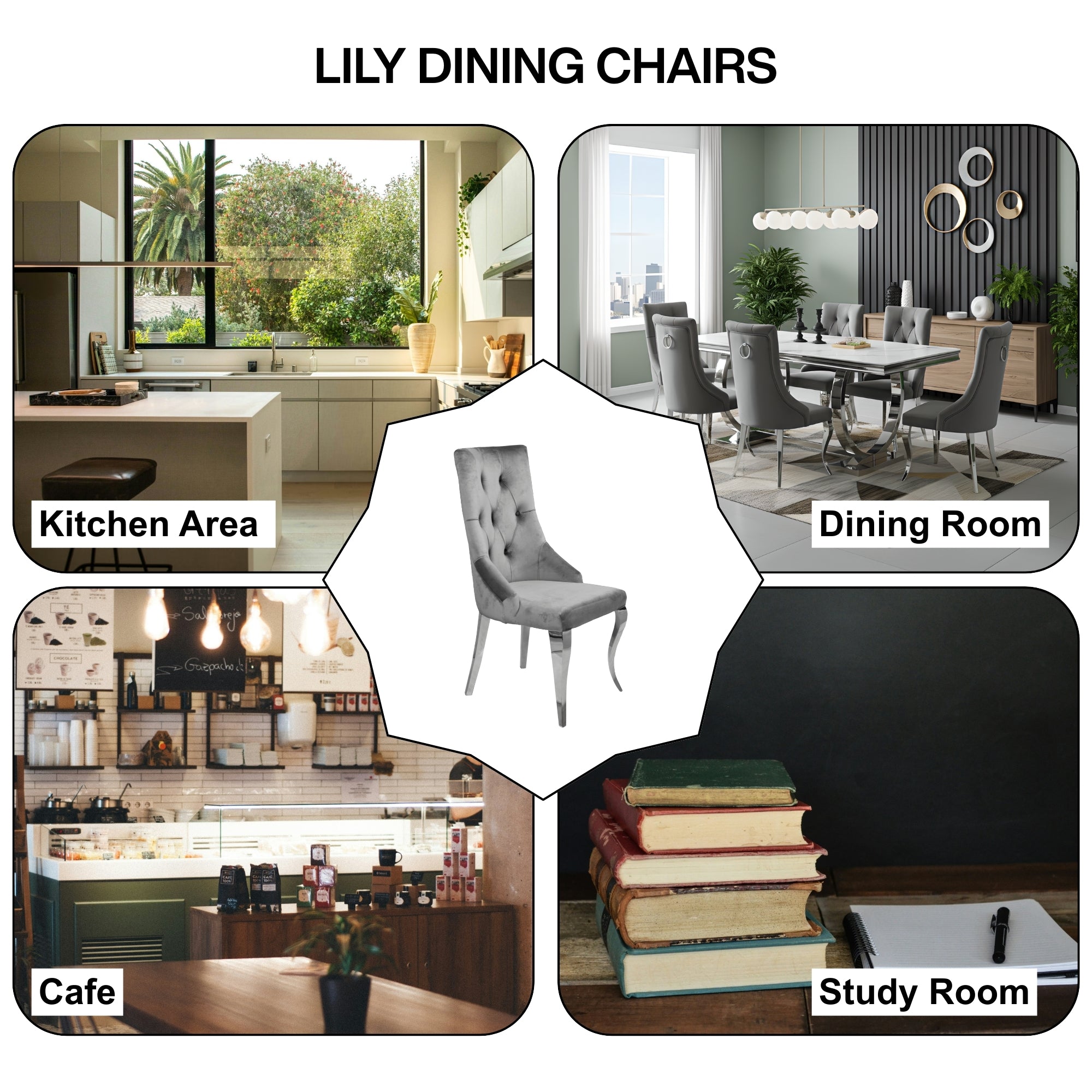 Lily Grey Velvet Dining Chair with Chrome Ring Knocker Set of 2