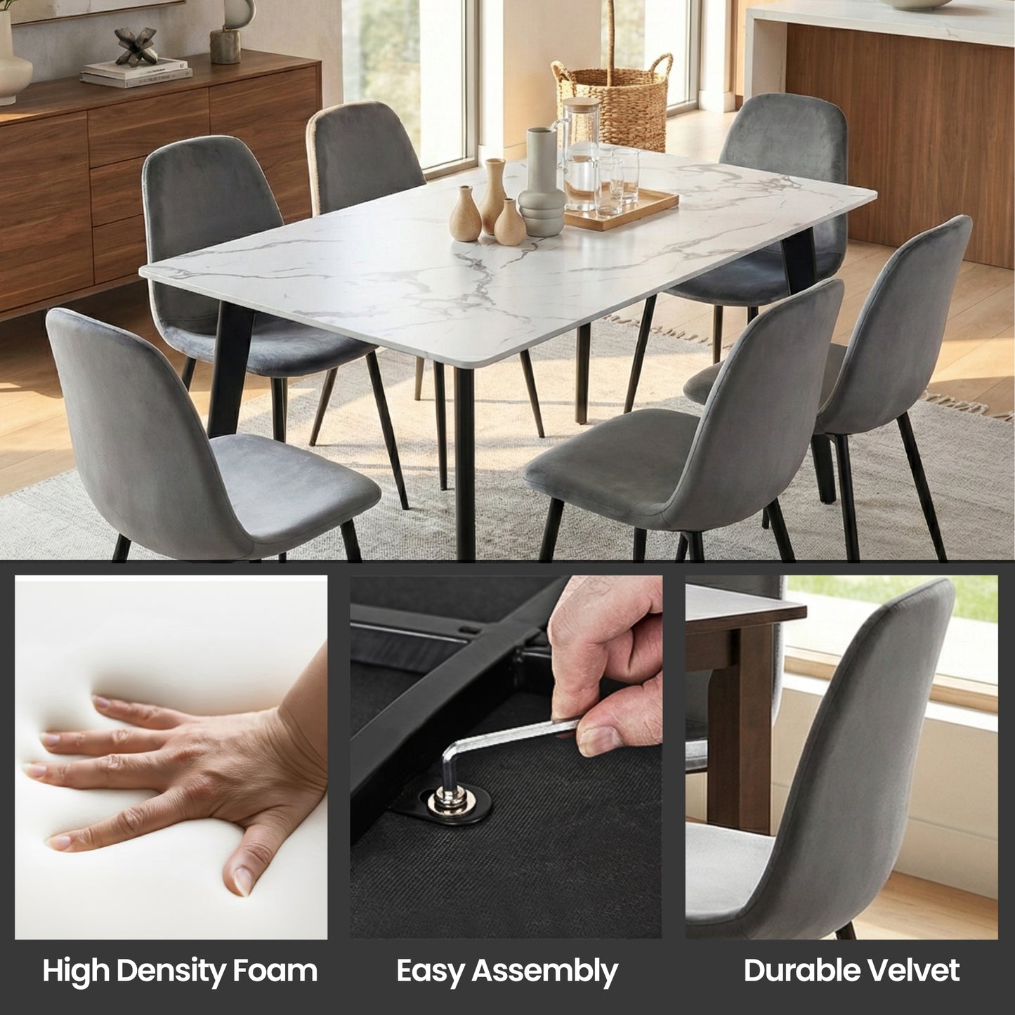 Modern 7-Piece White Faux Marble Dining Set – 63” Table with Grey Velvet Chairs
