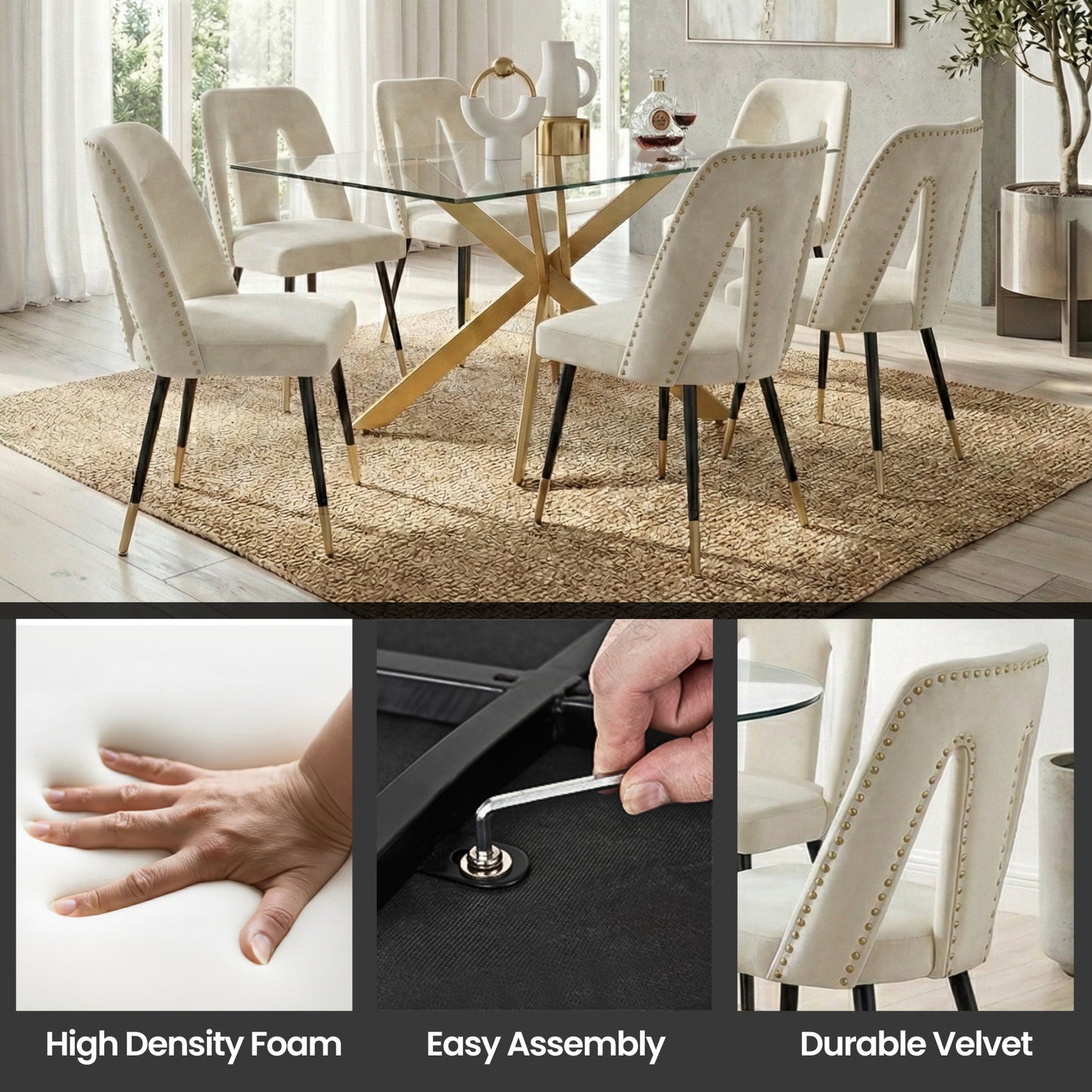 Modern 7-Piece Rectangular Glass Dining Set – 12mm Tempered Glass Table with Velvet Nailhead Chairs