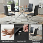 Modern Sword 5-Piece Round Glass Dining Set – 12mm Tempered Glass Table with Faux Leather Chairs