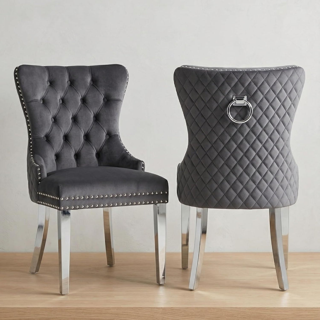 Munich Grey Velvet Dining Chair with Chrome Legs Set of 2