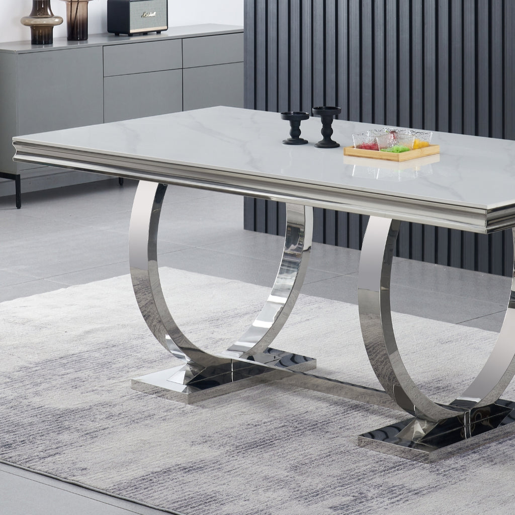 Table de salle à manger Salsa en pierre frittée, 180 cm (71 po), piètement en acier inoxydable, résistante aux rayures et à la chaleur