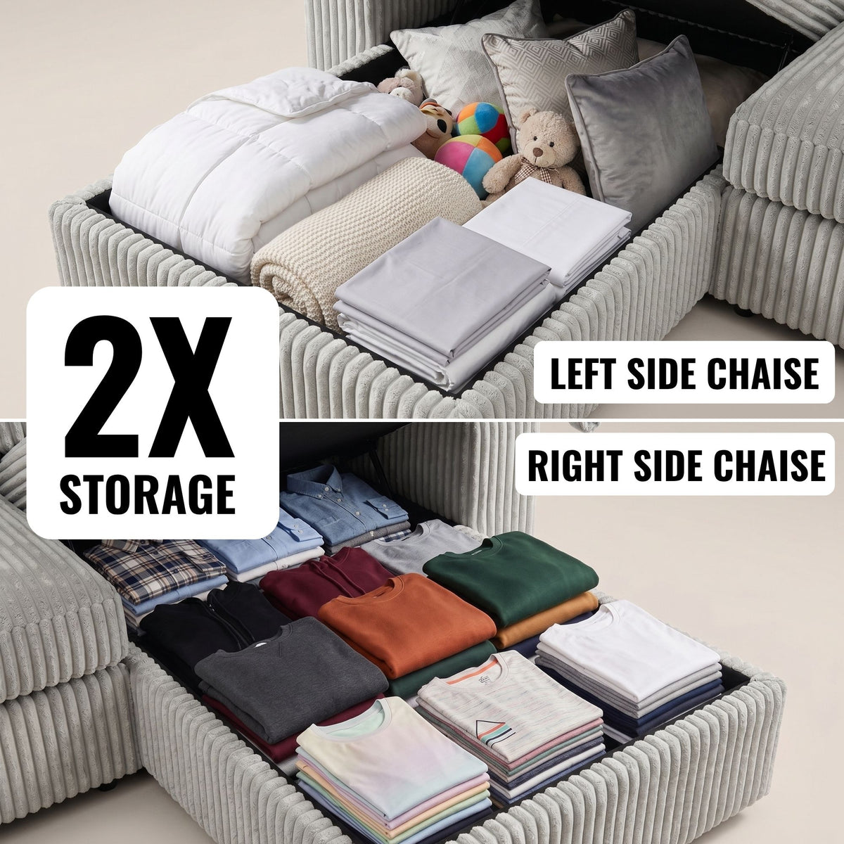 GREY CORDUROY SOFA WITH CUPHOLDERS AND CHAISE STORAGE