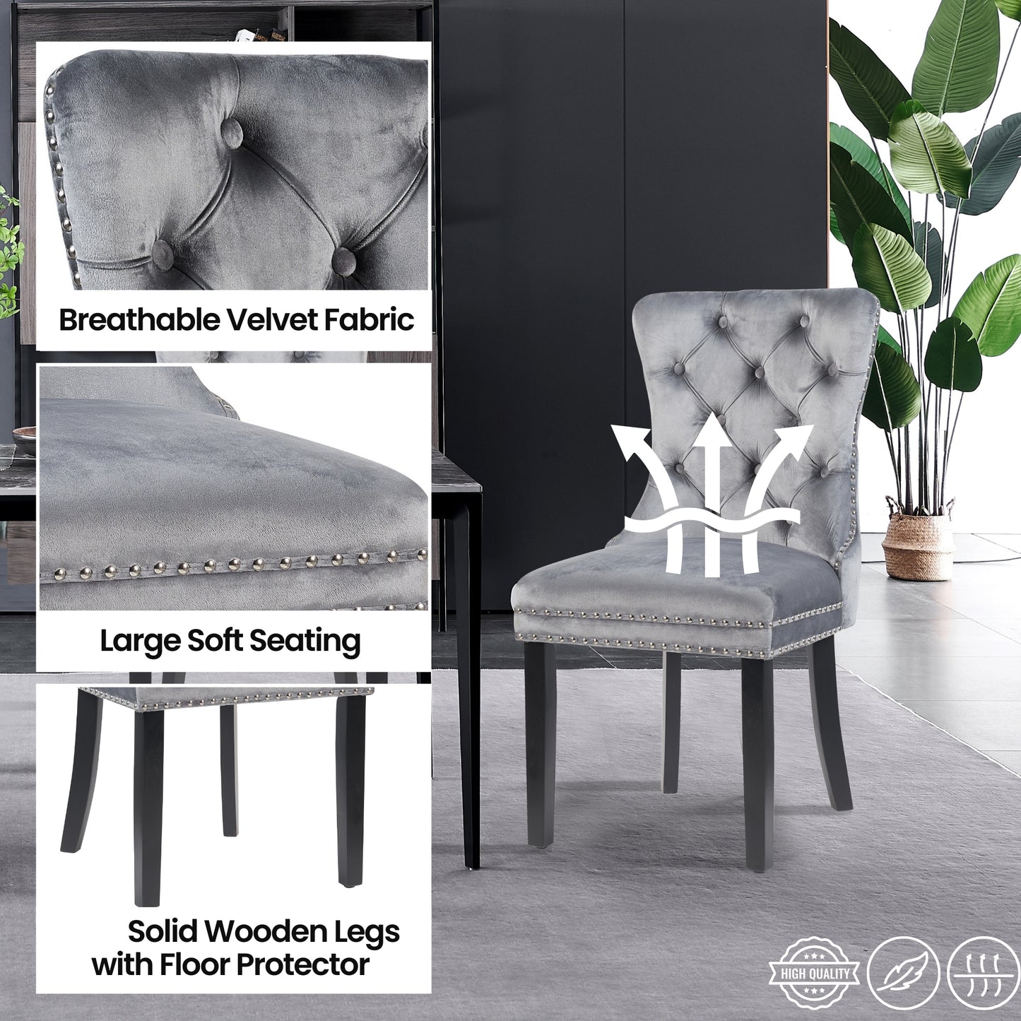CHAISE DE SALLE À MANGER MADRID EN VELOURS AVEC GARNITURE CLOUÉE ET BOUTONNEAU CHROMÉ – CHAISE DE SALLE À MANGER DE LUXE CAPITONNÉE