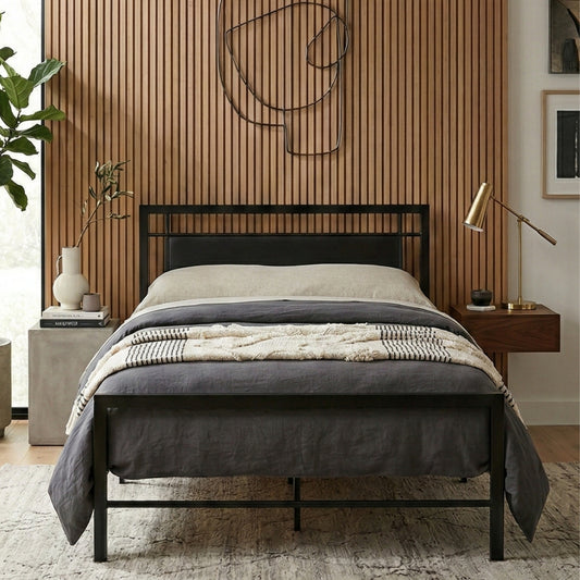 Metal Platform Bed with Upholstered Headboard – Single Size