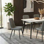 Modern 7-Piece White Faux Marble Dining Set – 63” Table with Corduroy Chairs