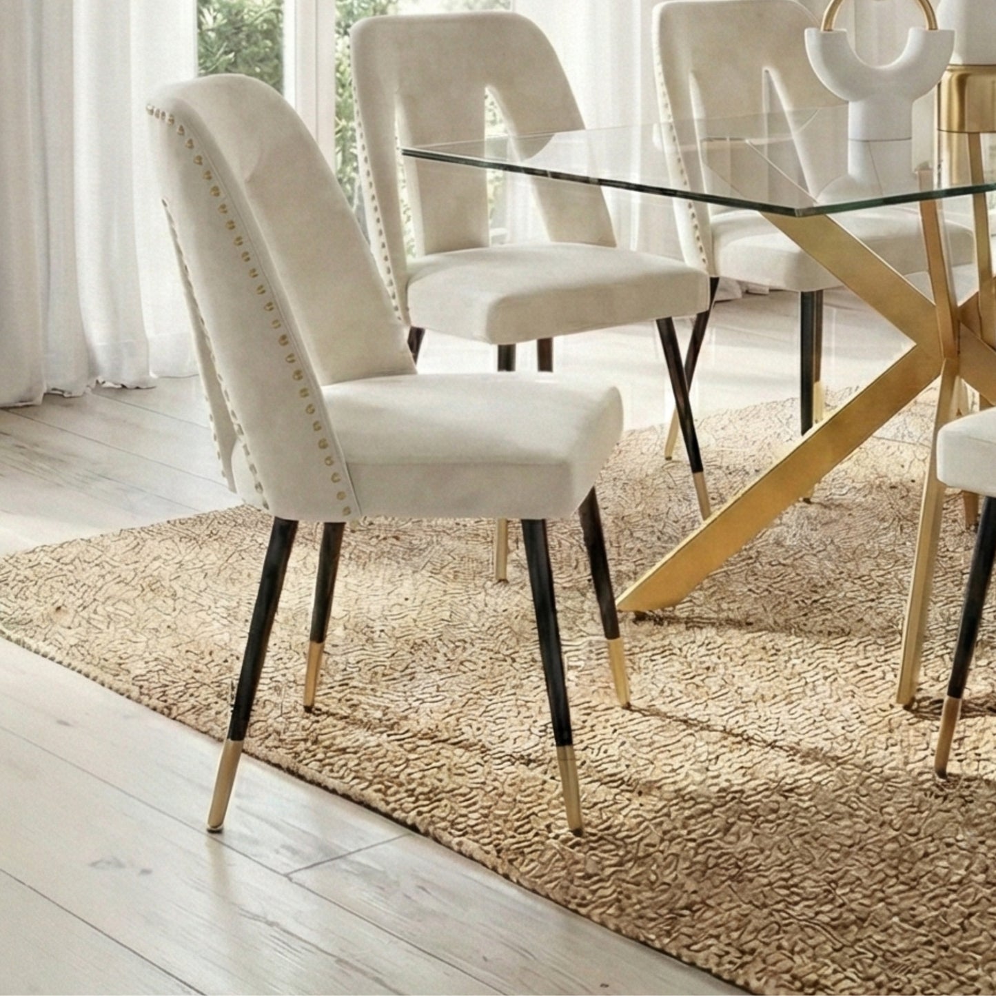 Modern 7-Piece Rectangular Glass Dining Set – 12mm Tempered Glass Table with Velvet Nailhead Chairs