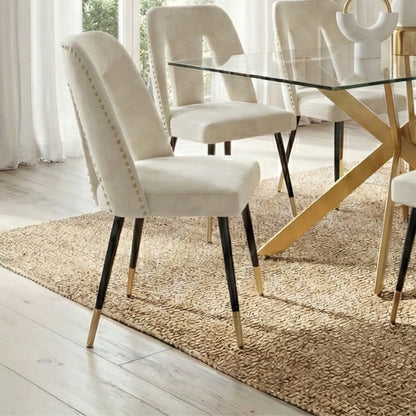 Modern 7-Piece Rectangular Glass Dining Set – 12mm Tempered Glass Table with Velvet Nailhead Chairs