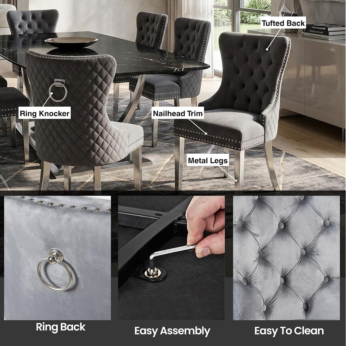Munich Grey Velvet Dining Chair with Chrome Legs Set of 2
