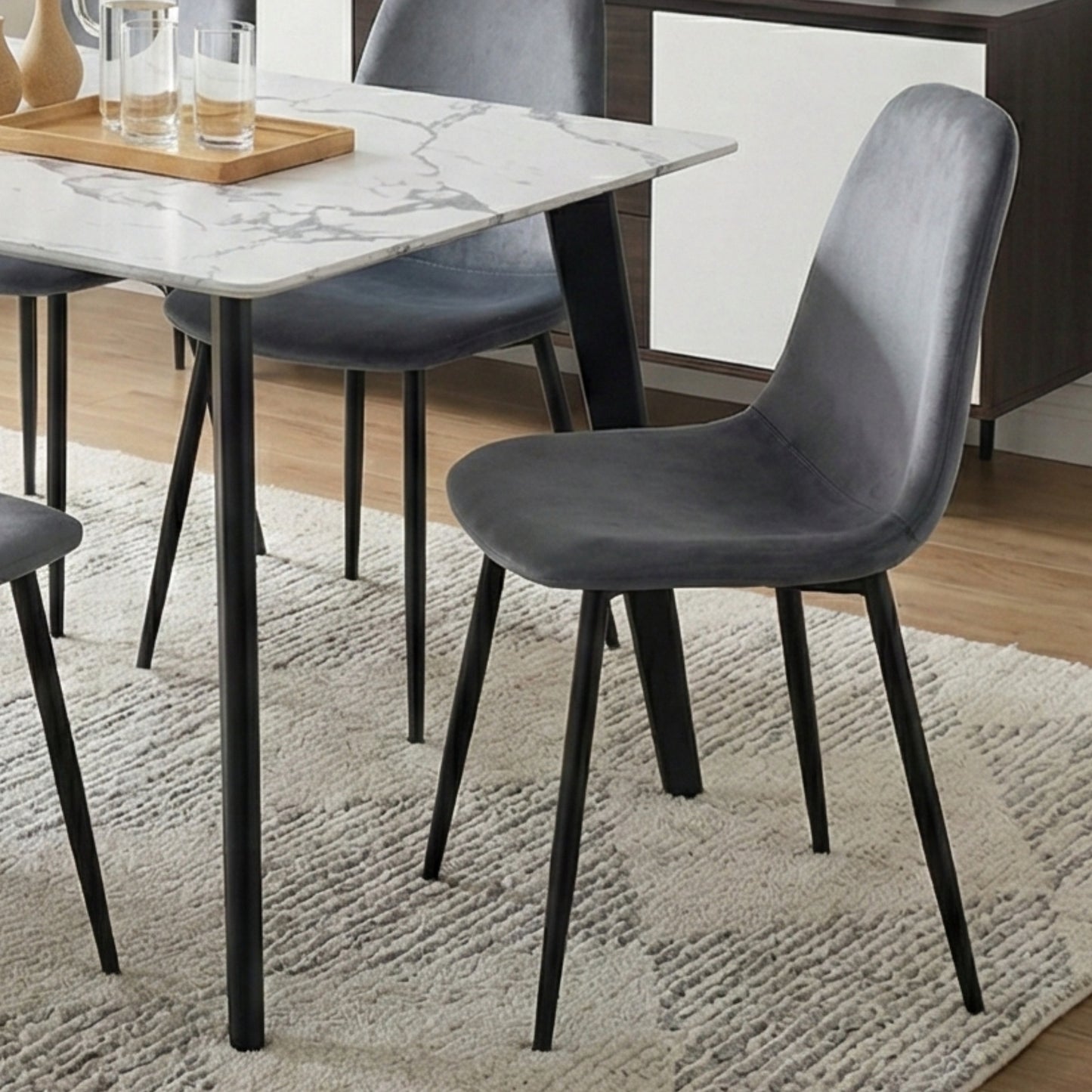 Modern 7-Piece White Faux Marble Dining Set – 63” Table with Grey Velvet Chairs