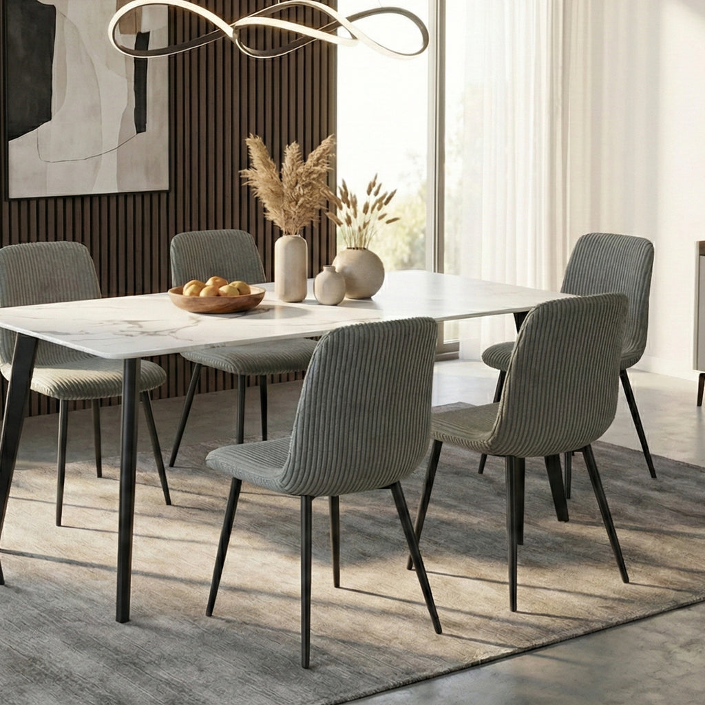 Modern 7-Piece White Faux Marble Dining Set – 63” Table with Corduroy Chairs