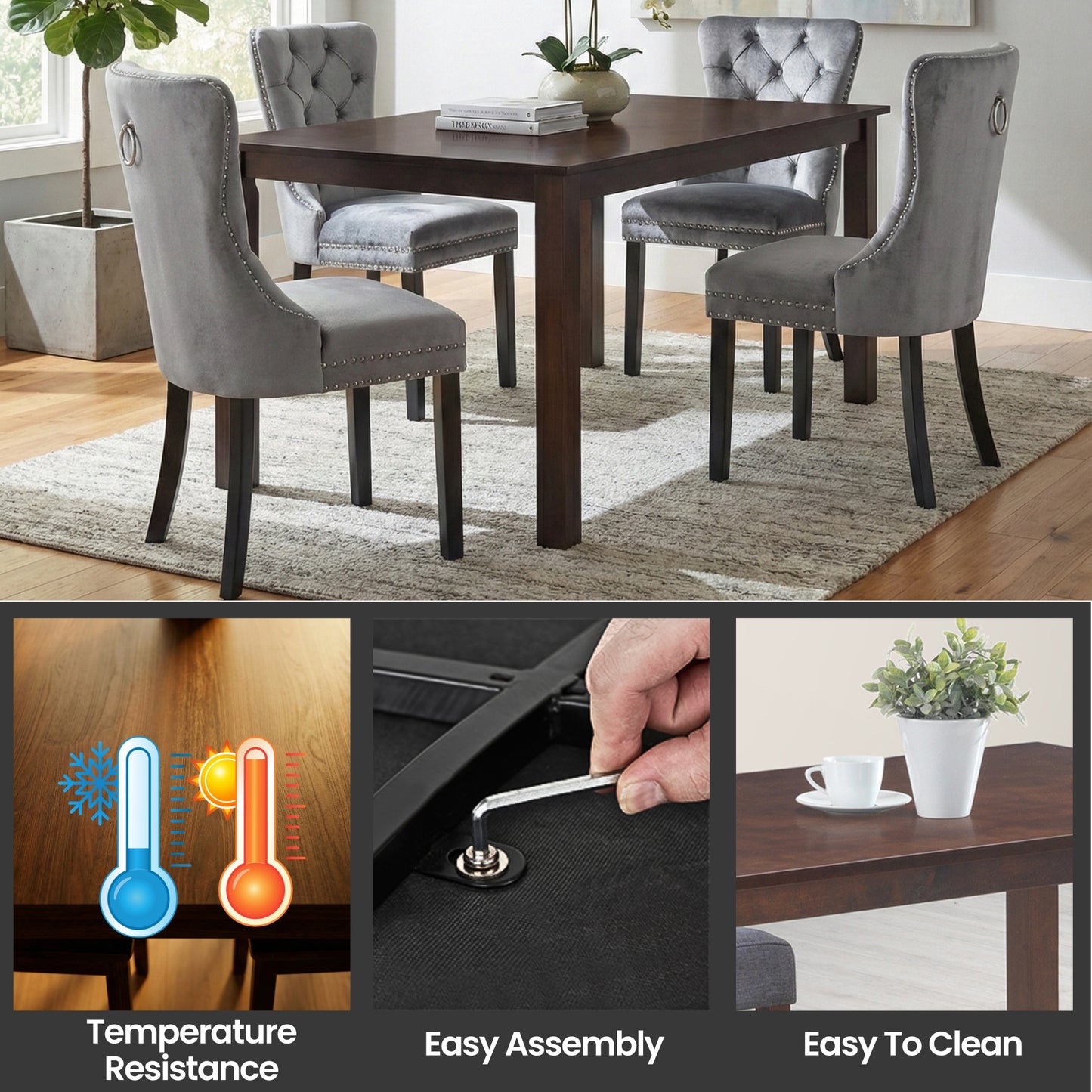 Modern Dining Set – Espresso Solid Wood Table with Tufted Nailhead Chairs