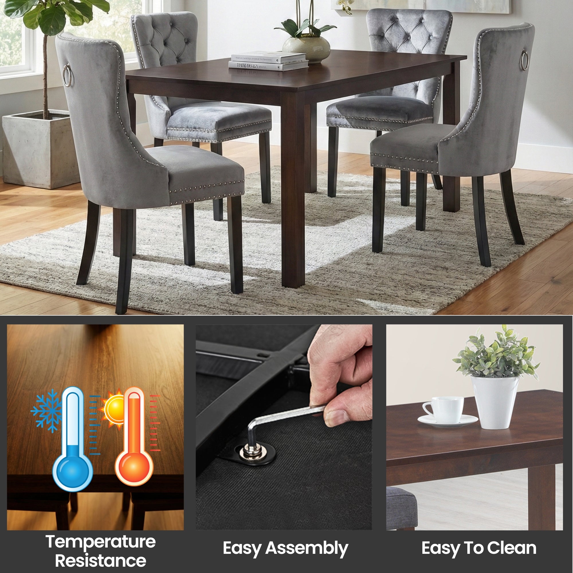 Modern Dining Set – Espresso Solid Wood Table with Tufted Nailhead Chairs